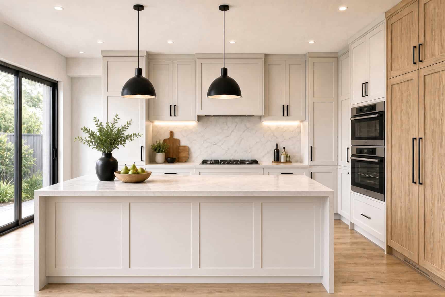 White shaker kitchen with a stone-topped island, black pendant lights, black bar handles and timber-look tall cabinets