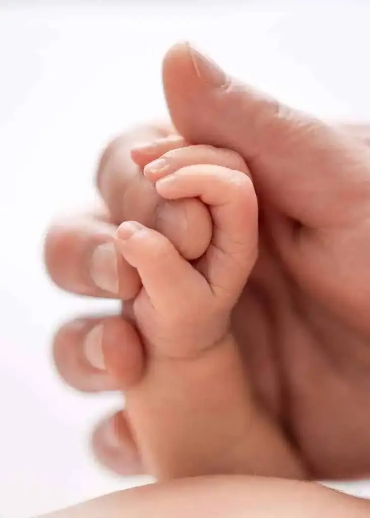 Close-up of tiny newborn fingers gently curled while holding parent's hand