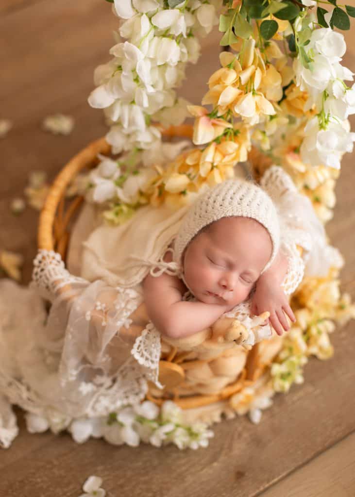 Edmonton newborn photoshoot for a newborn baby in flower set up.