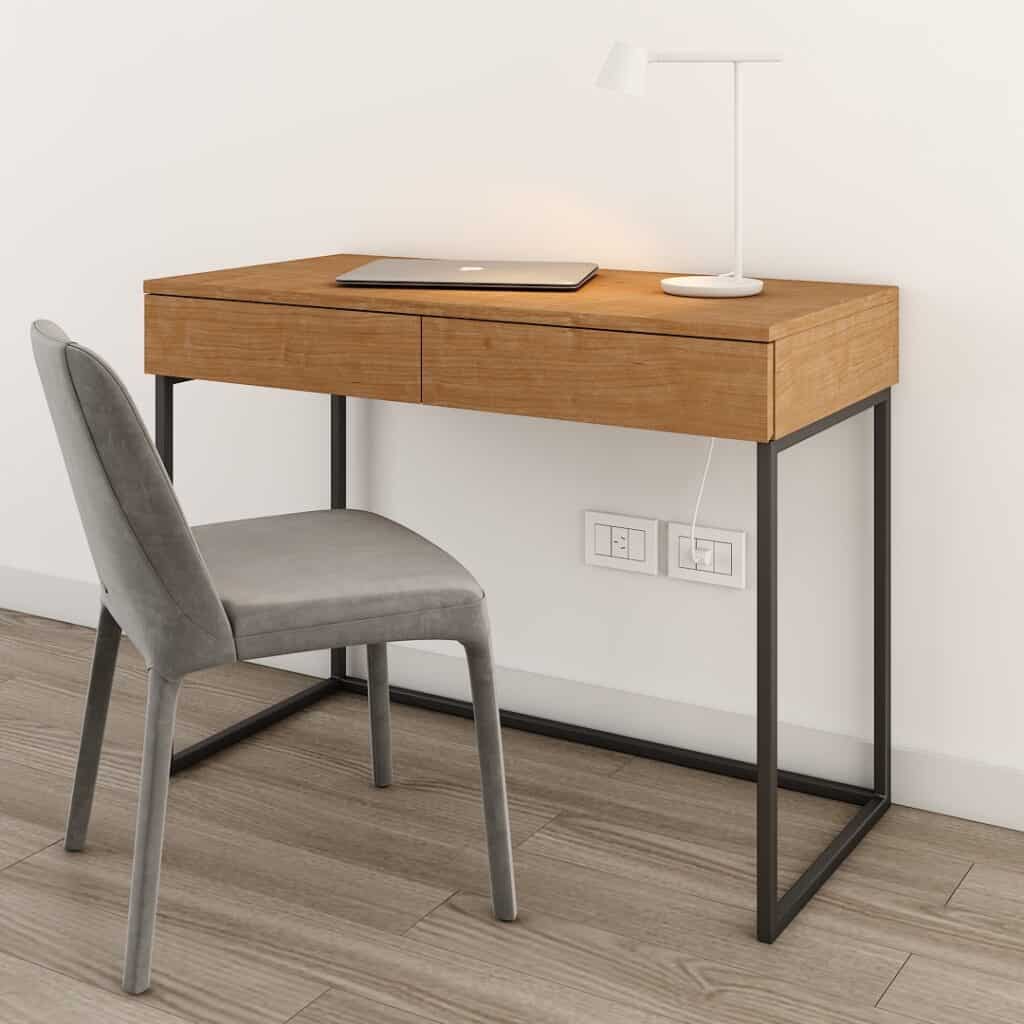 Tablero de madera para escritorio, con estructura de metal negro, en un espacio moderno y minimalista ideal para oficinas o estudio.