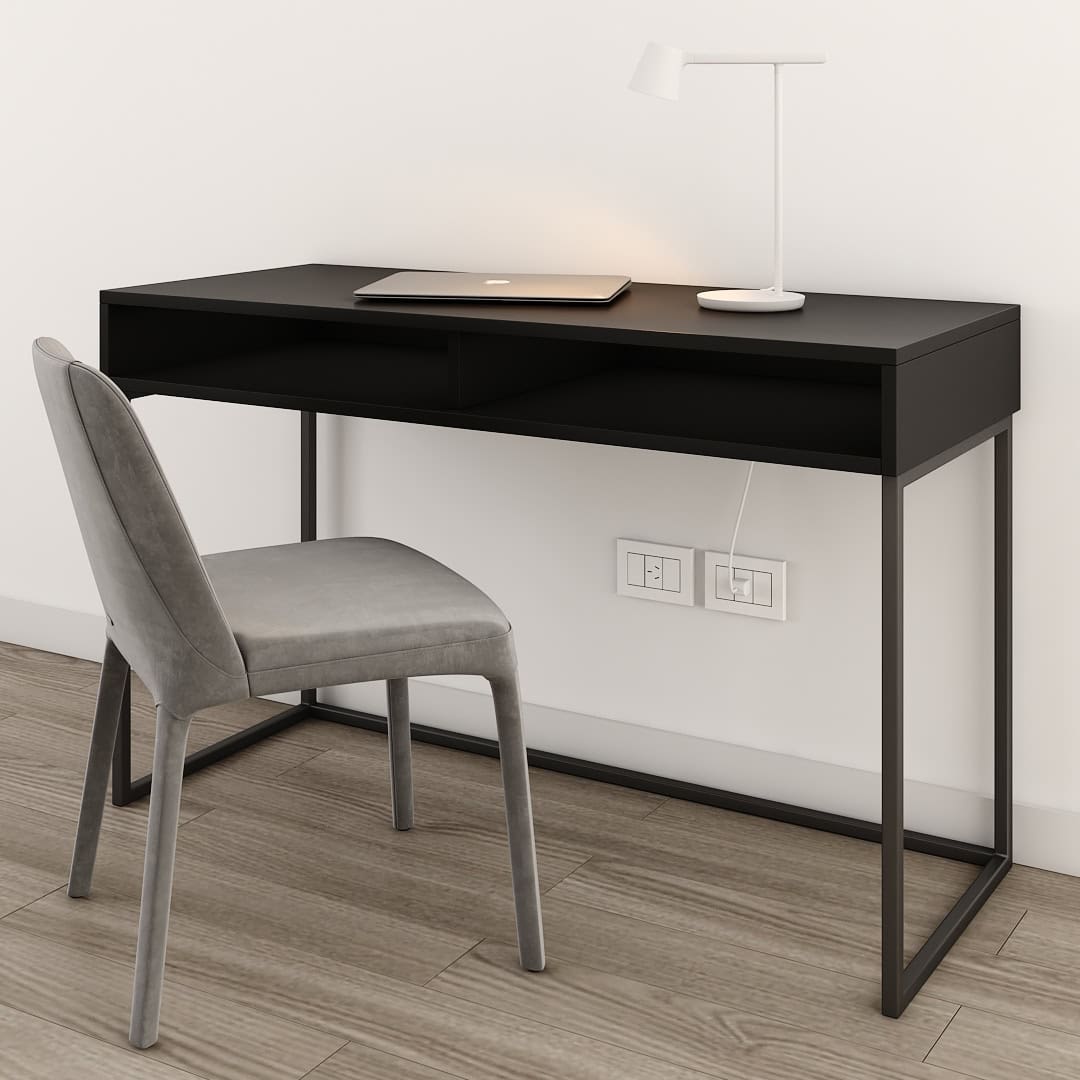 Escritorio moderno de madera en color negro con estructura metálica para oficina o estudio en Los Palos - Taller de Muebles.