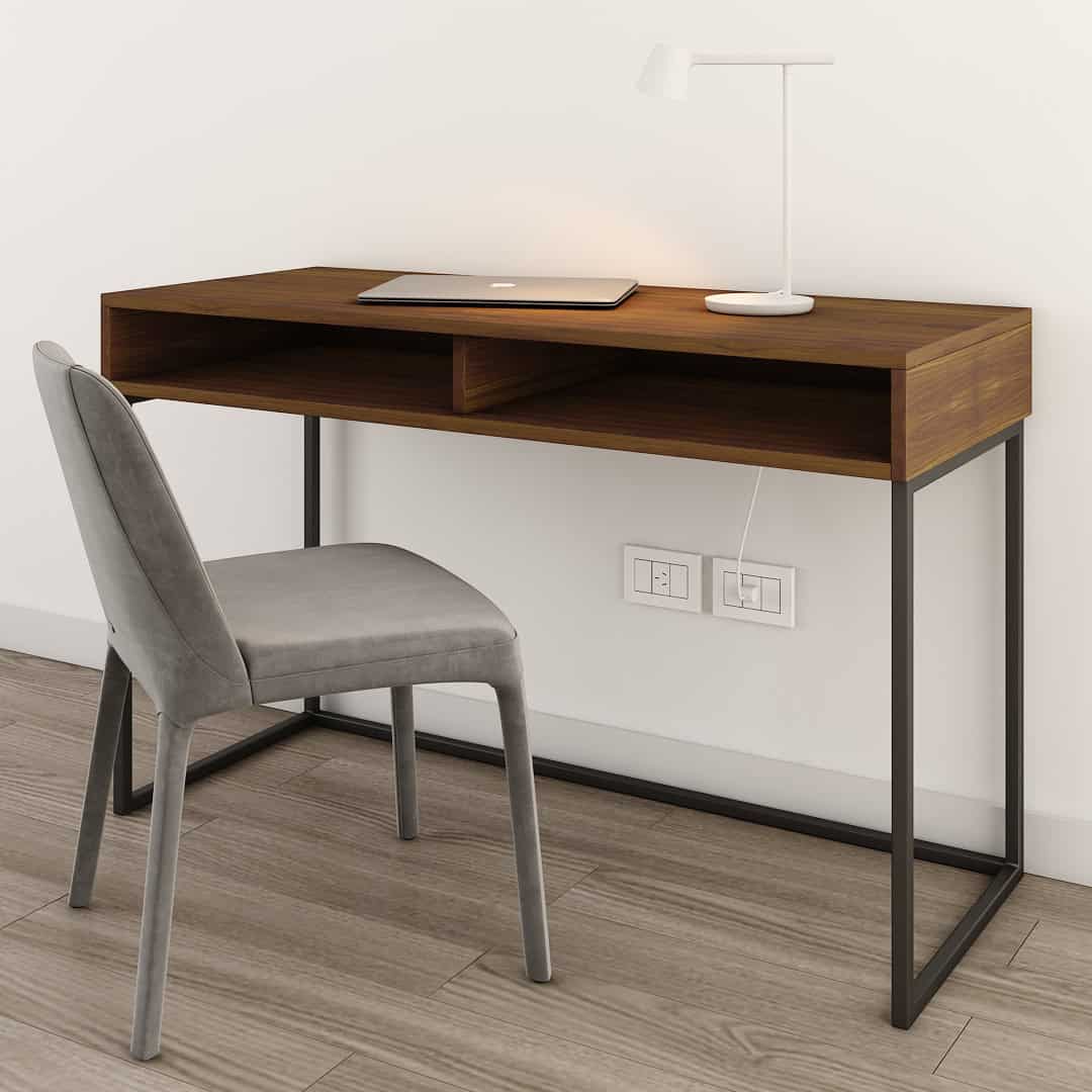 Mesa de trabajo de madera con estructura metálica, ideal para oficinas modernas y personalizados, fabricada por Los Palos - Taller de Muebles.