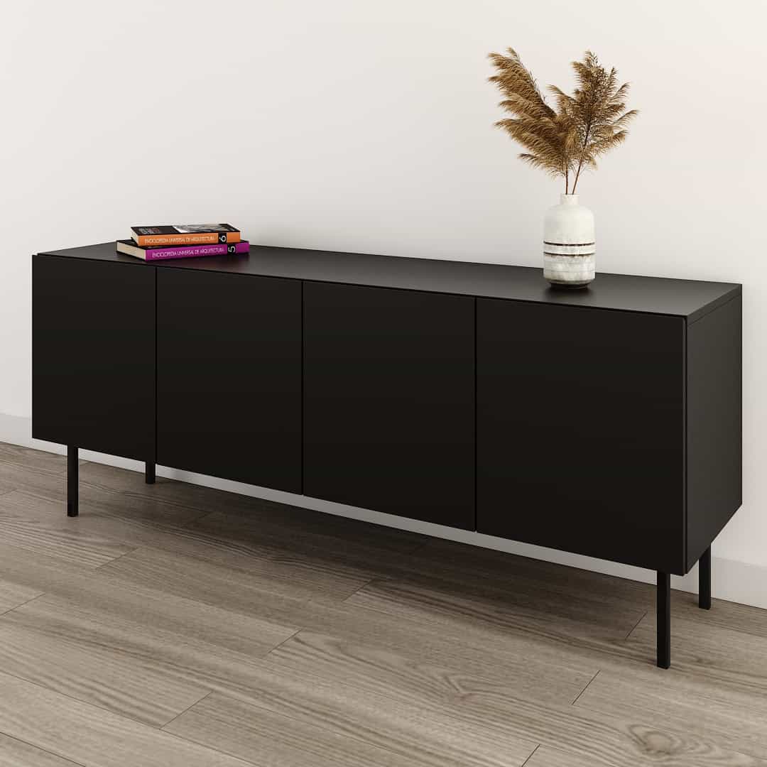 Moderno aparador de madera negro para comedor y sala con diseño minimalista y patas delgadas, ideal para ambientar espacio con estilo y funcionalidad.