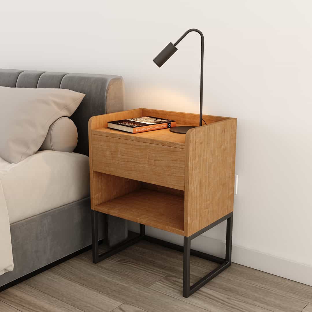 Personalizado mesita de noche de madera con estilo minimalista, ideal para dormitorios modernos y funcionales, fabricada por Los Palos - Taller de Muebles.