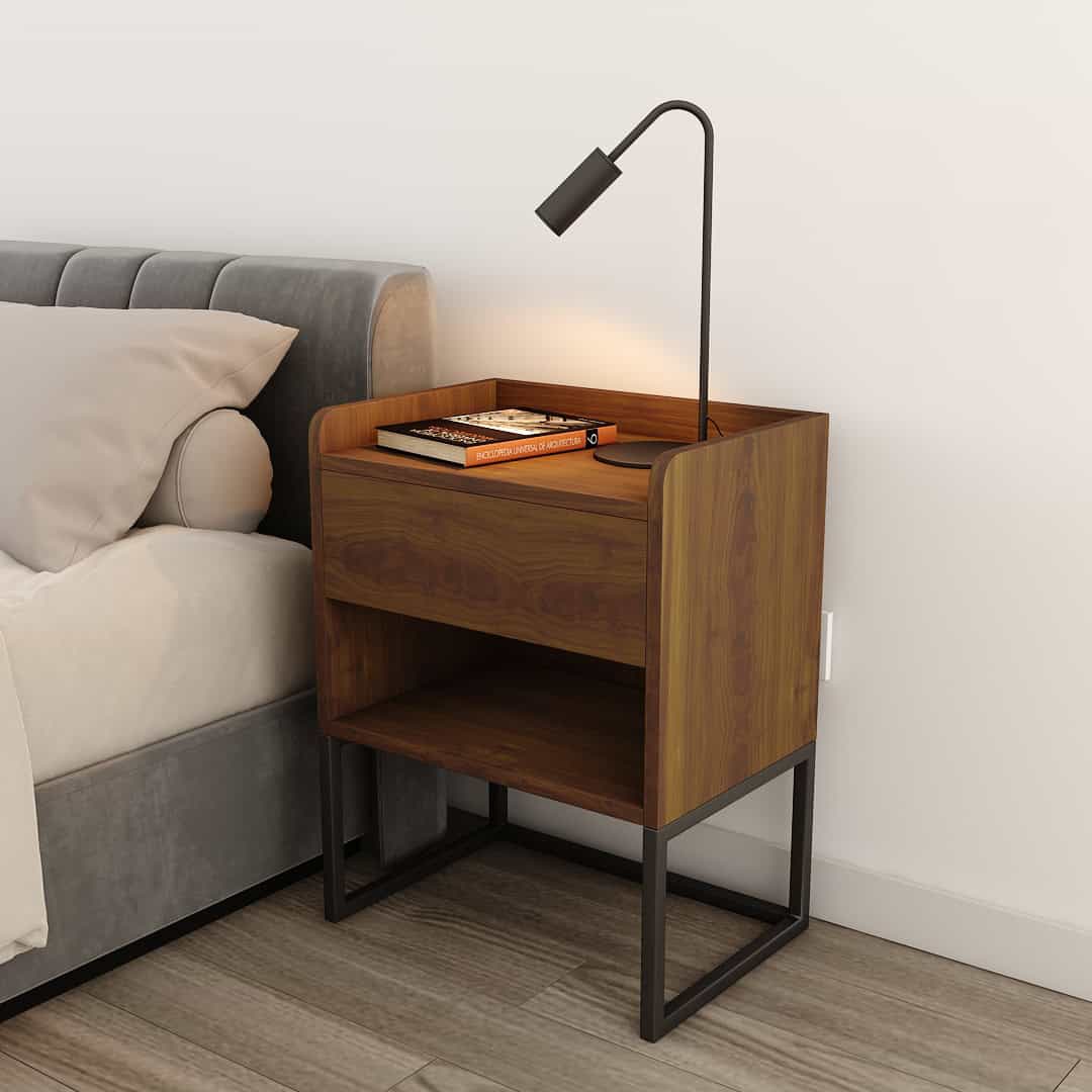 Mueble de noche de madera con estructura metálica, moderna y funcional, ideal para dormitorios y decoración de interiores, fabricado por Los Palos - Taller de Muebles.