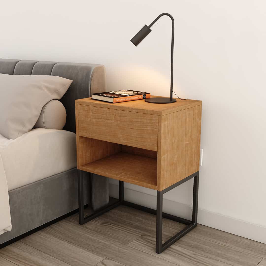 Diseño de mesita de noche moderna en madera y metal, ideal para habitaciones elegantes y funcionales.