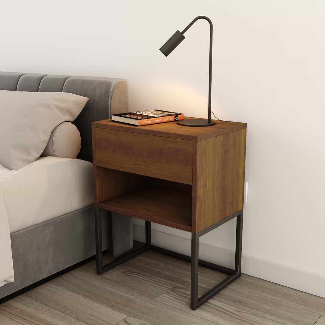 Mueble de noche de madera con marco de metal, espacio para lámpara y libros, diseño moderno y funcional, elaborado por Taller de Muebles Los Palos.