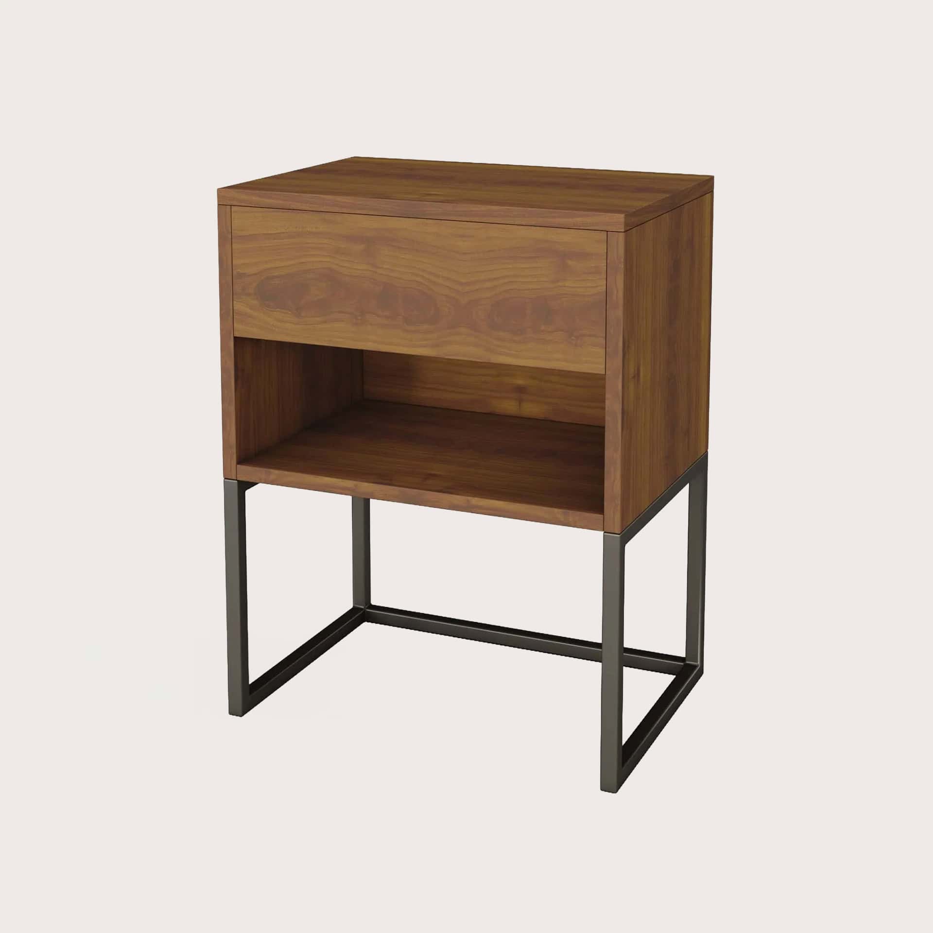 Noche de noche con mueble moderno en madera y estructura metálica para guardar en dormitorios y living.