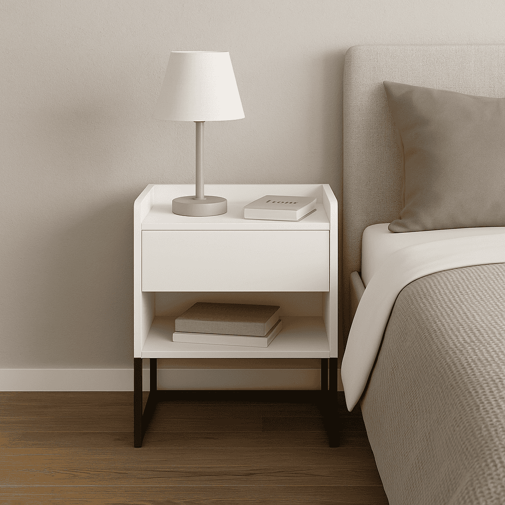 Caja de noche moderna de madera blanca con estructura de metal negro, ideal para dormitorios con diseño minimalista y funcionalidad en muebles de calidad.