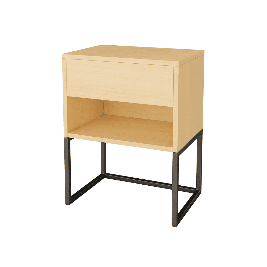 Amplia mesa de noche de madera natural con estructura metálica moderna para dormitorios y habitaciones con estilo contemporáneo.