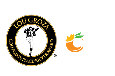 Lou Groza Award logo with Orange Bowl sponsorship and football player illustration.