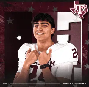 Young football player in uniform celebrating with Texas A&M logo in background.