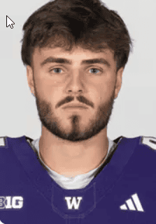 Young male football player in purple jersey with beard and serious expression.