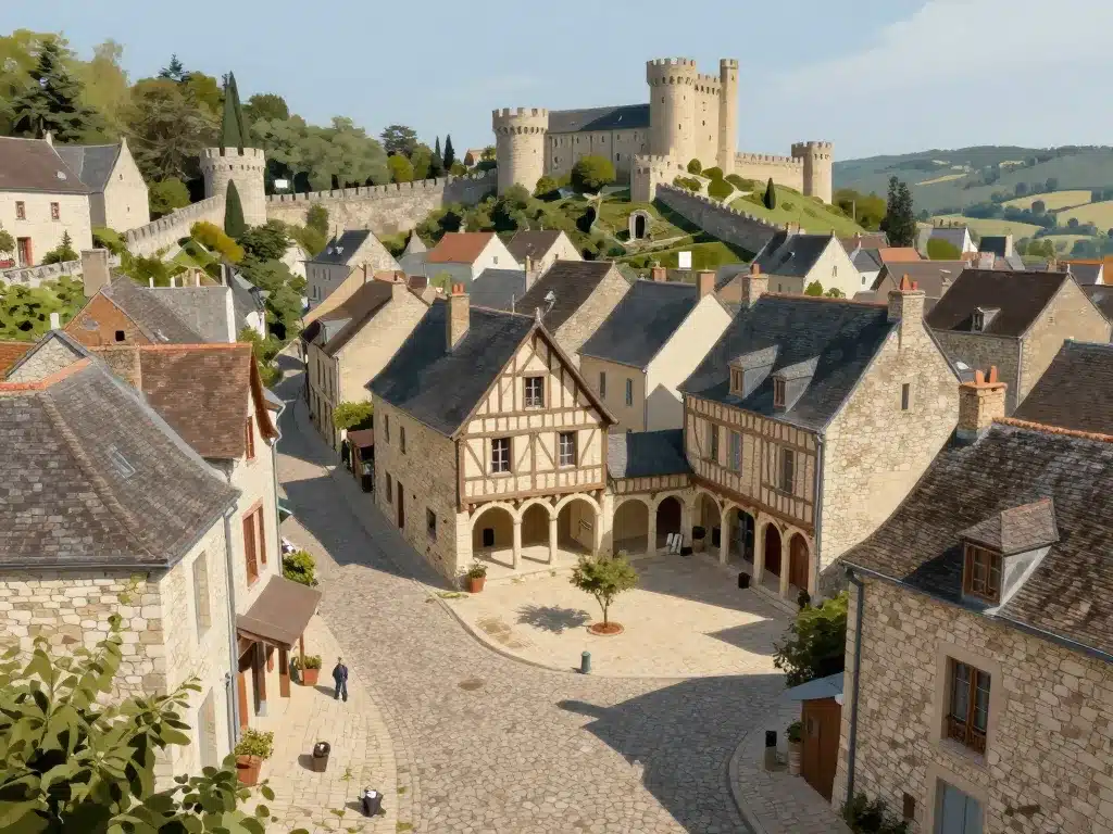 architecture village medieval avec ruelles pavées et château