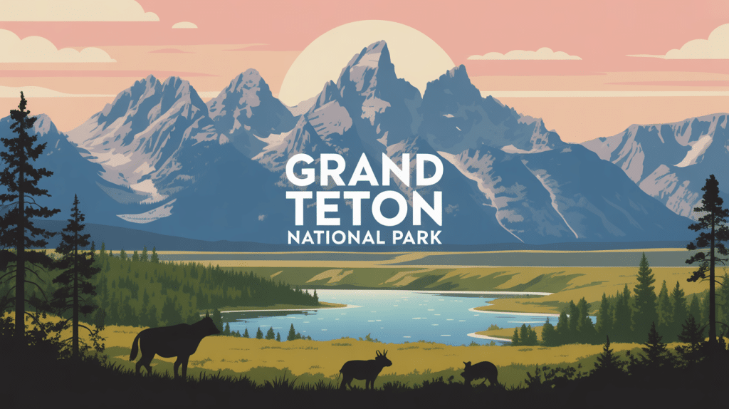 Vue stylisée du Grand Teton National Park avec sommets et lacs