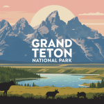 Vue stylisée du Grand Teton National Park avec sommets et lacs