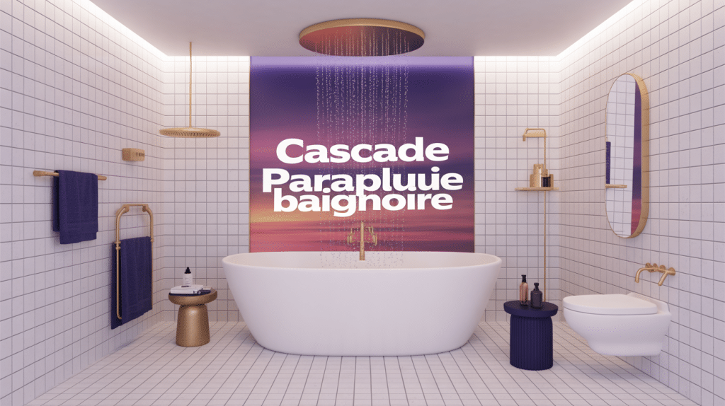 Salle de bain avec cascade parapluie sur baignoire