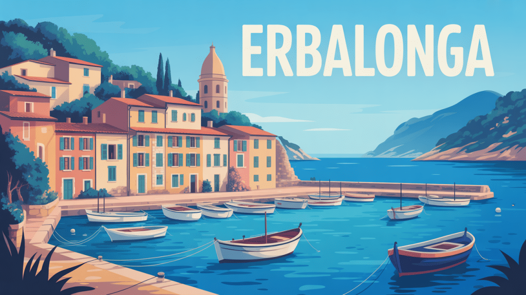 Vue stylisée d'Erbalonga en Corse, port, mer et tour génoise