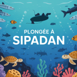 Illustration plongée à Sipadan bancs de barracudas et tortues