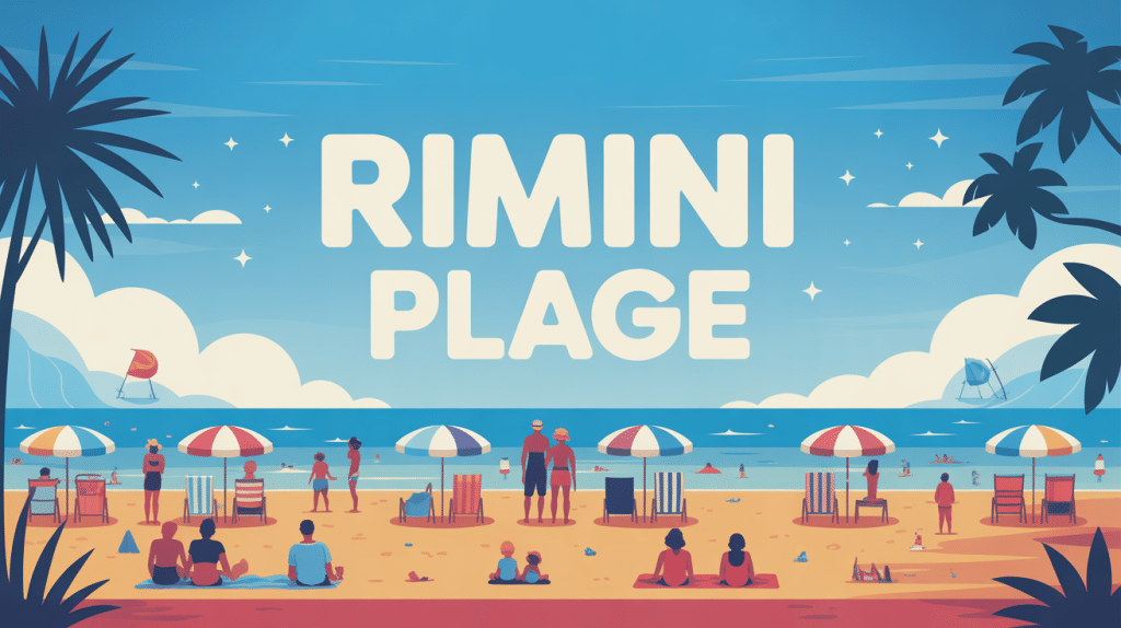 Vue stylisée de Rimini plage, parasols colorés et ambiance festive