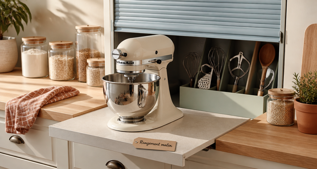 Astuce rangement robot cuisine sur plateau coulissant