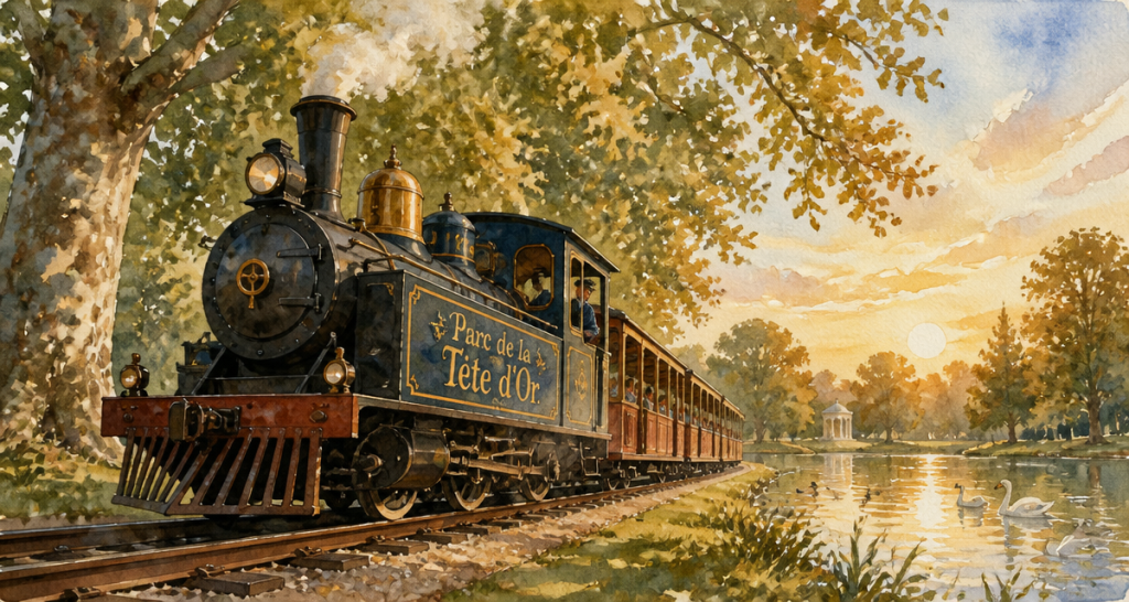 le petit train du parc de la tête d'or sur rails au parc