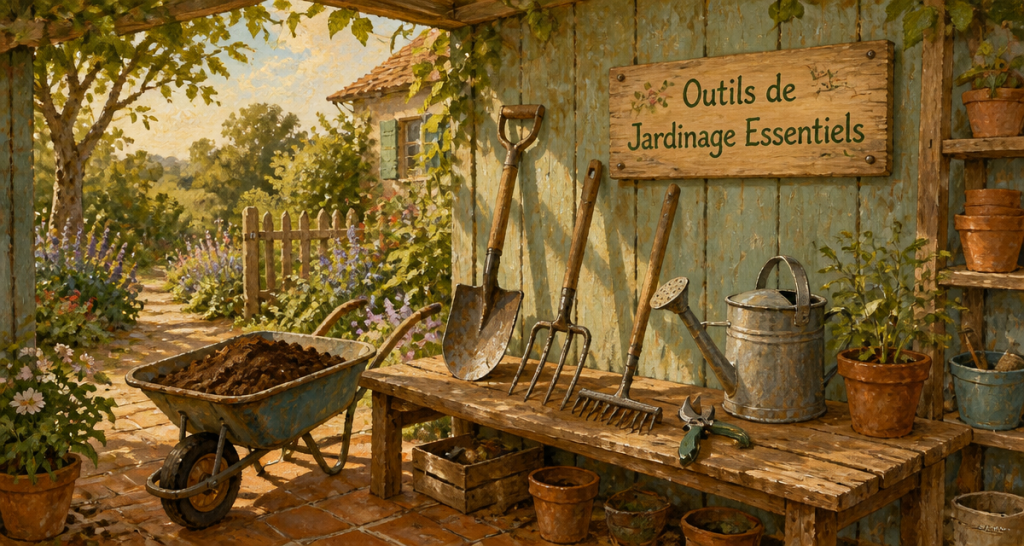 outils de jardinage liste avec photos sur banc devant abri