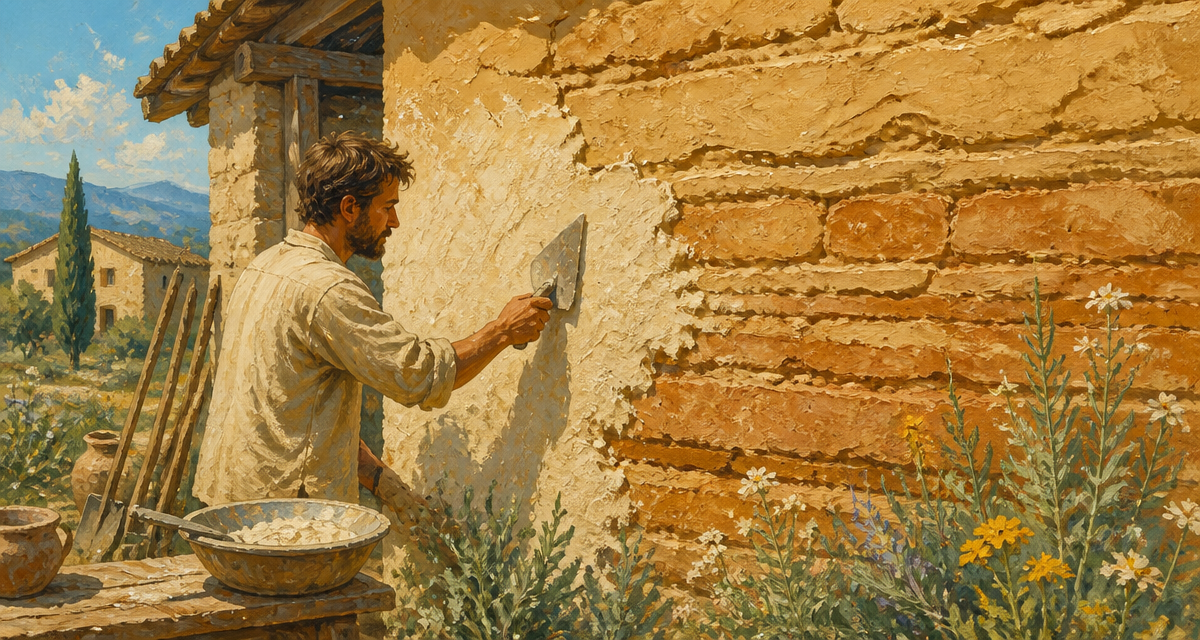 mur en pisé ancien rénové à la chaux