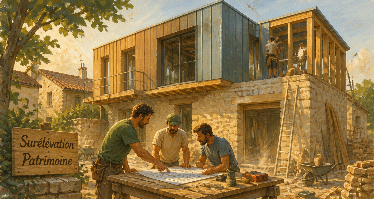 Surélévation maison ancienne ossature bois zinc chantier