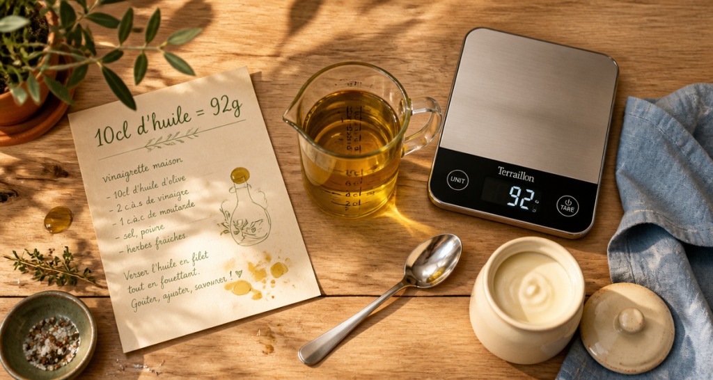 10cl d huile en gramme sur balance de cuisine
