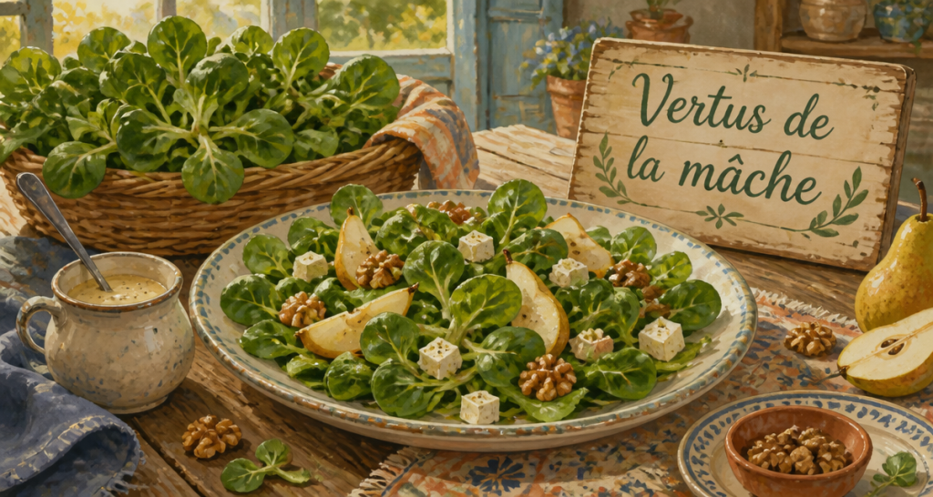Bienfait de la mâche en salade sur table rustique
