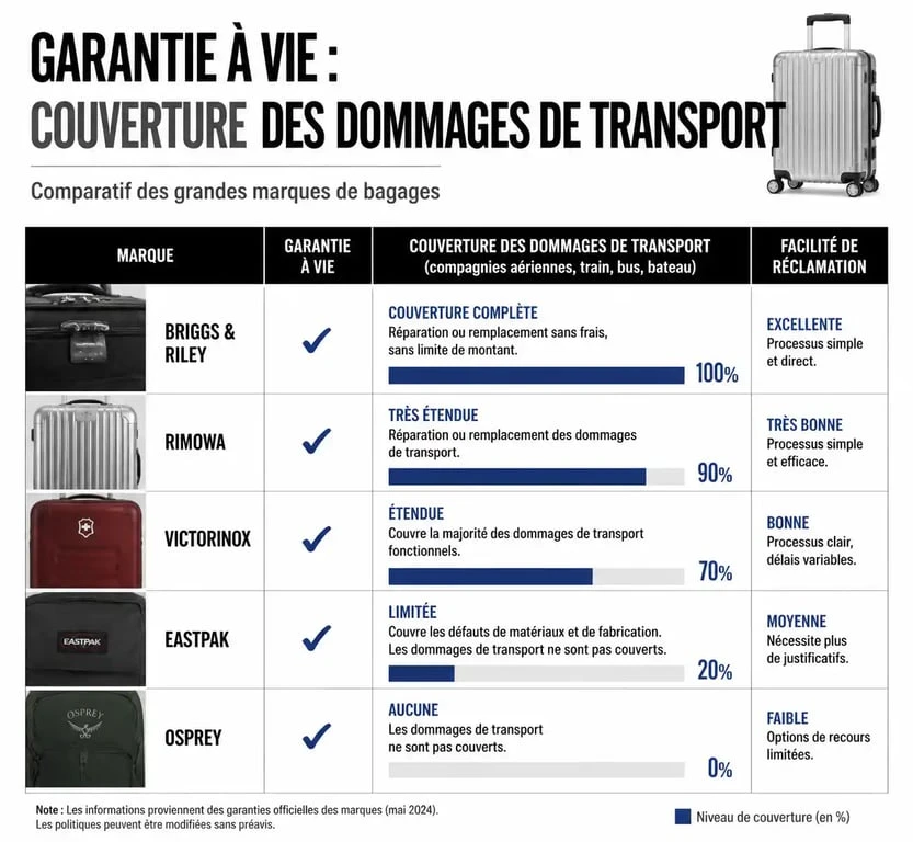 Infographie comparative des garanties à vie pour valise garantie à vie par marque