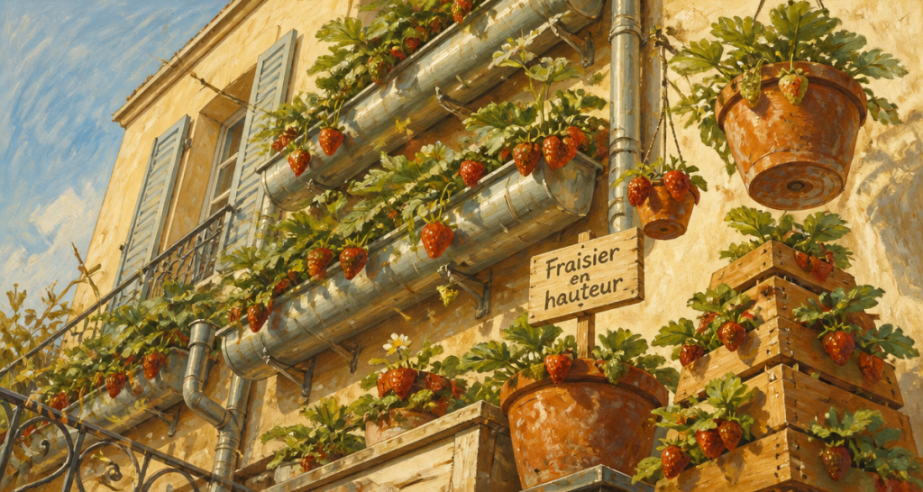 Plantation fraisier en hauteur sur balcon urbain