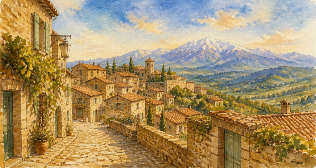 plus beaux villages autour de canet-en-roussillon aquarelle
