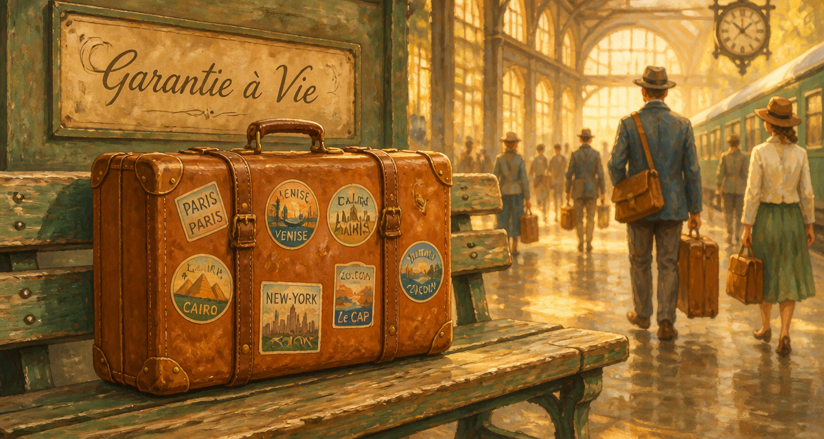 valise garantie à vie sur banc en gare