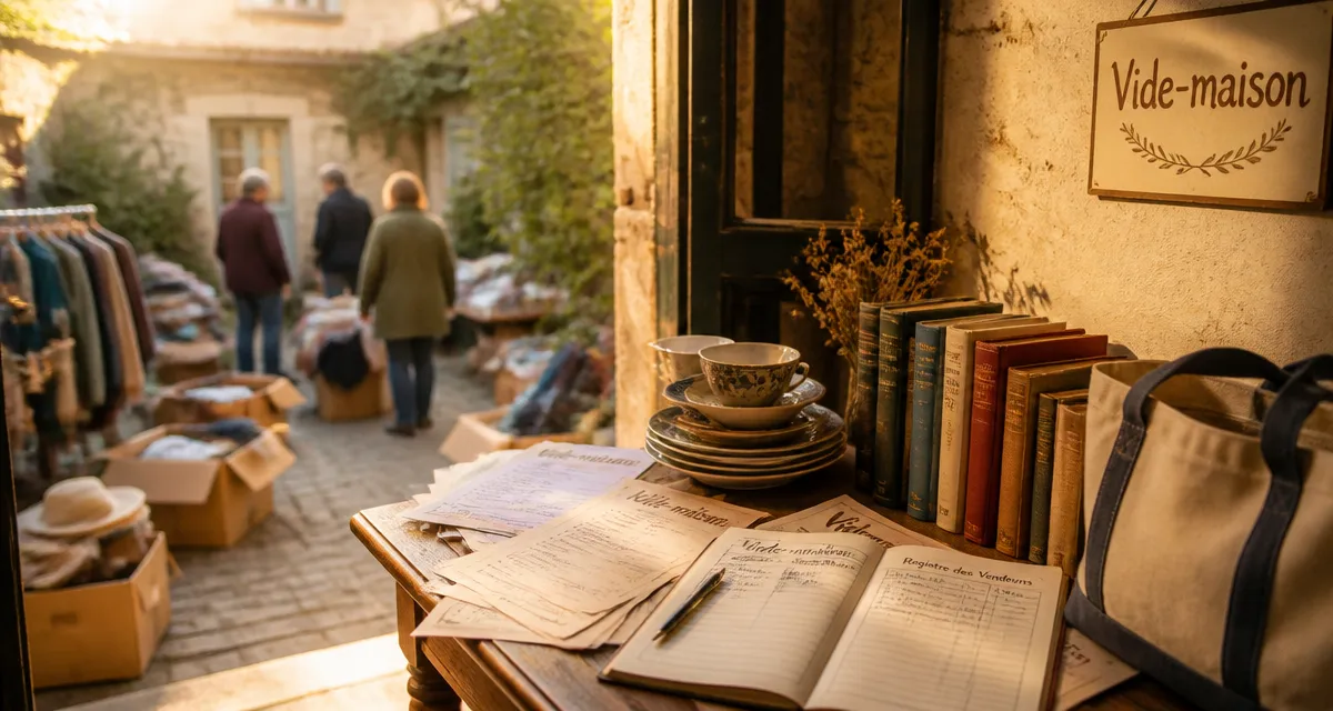 Vide maison 49 à Angers : chineurs au golden hour, table d’annonces et objets anciens