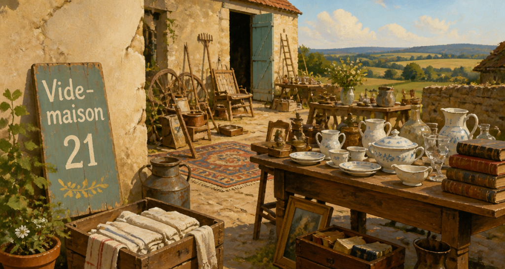 Vide maisons 21 en Côte-d'Or, cour de ferme, objets anciens