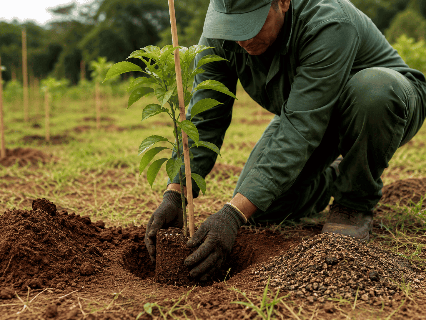 Plantio de muda de espécie nativa com tutor pela equipe Regga