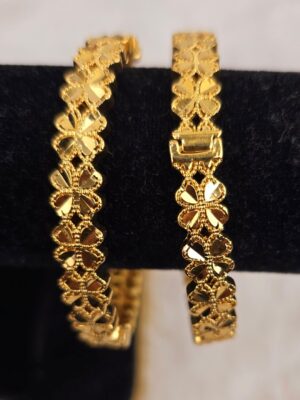Ornate Leaf-Motif Gold-Toned Filigree Bangle Pair (B-076)