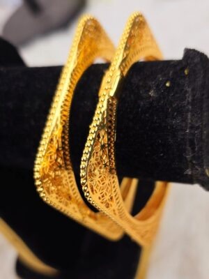 Square-Profile Filigree Gold Bangles with Ornate Cutouts(B-107)