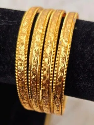 Elegant Floral Etched Gold-Tone Bangle Set (B-113)
