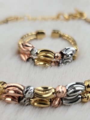 Tri-Tone Bead Jewelry Set – Matching Bracelet & Open Ring (Br-024)