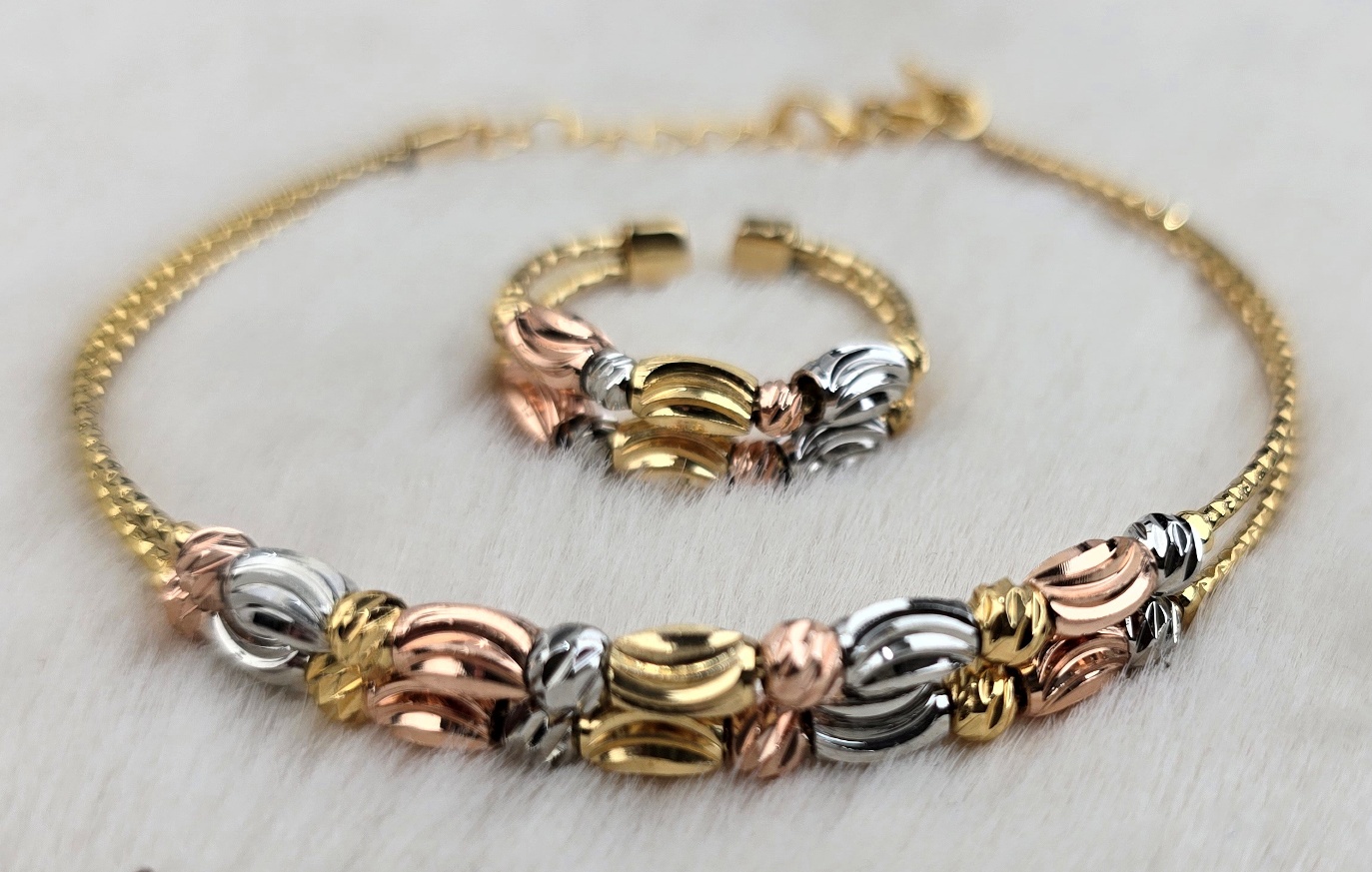 Tri-Tone Bead Jewelry Set – Matching Bracelet & Open Ring (Br-024)