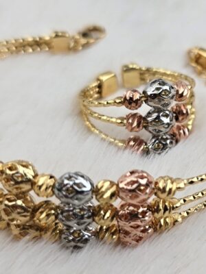 Ornate Triple-Strand Tri-Tone Bracelet & Filigree Ring Set (Br-026)