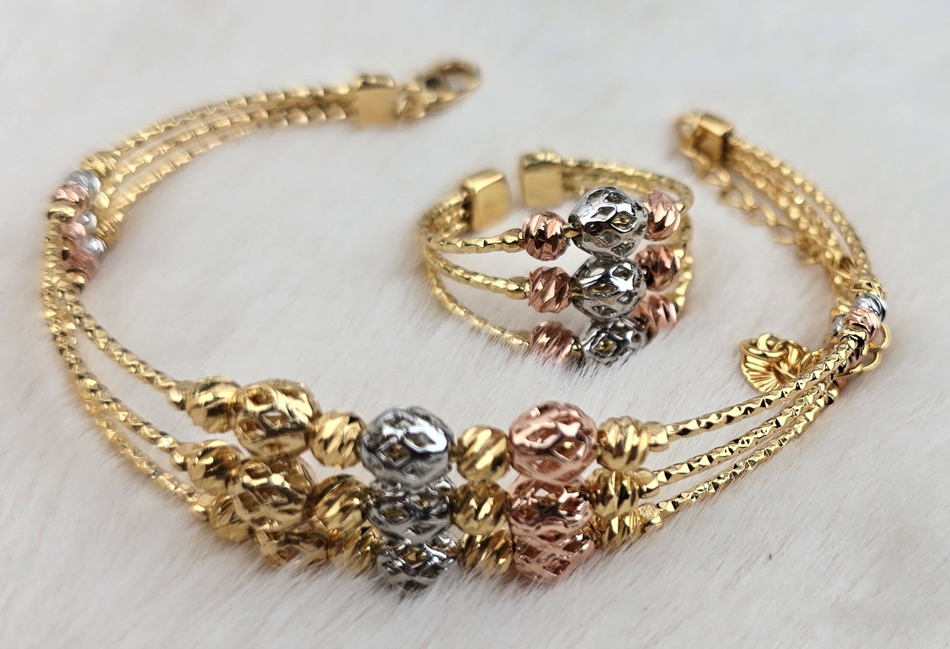 Ornate Triple-Strand Tri-Tone Bracelet & Filigree Ring Set (Br-026)