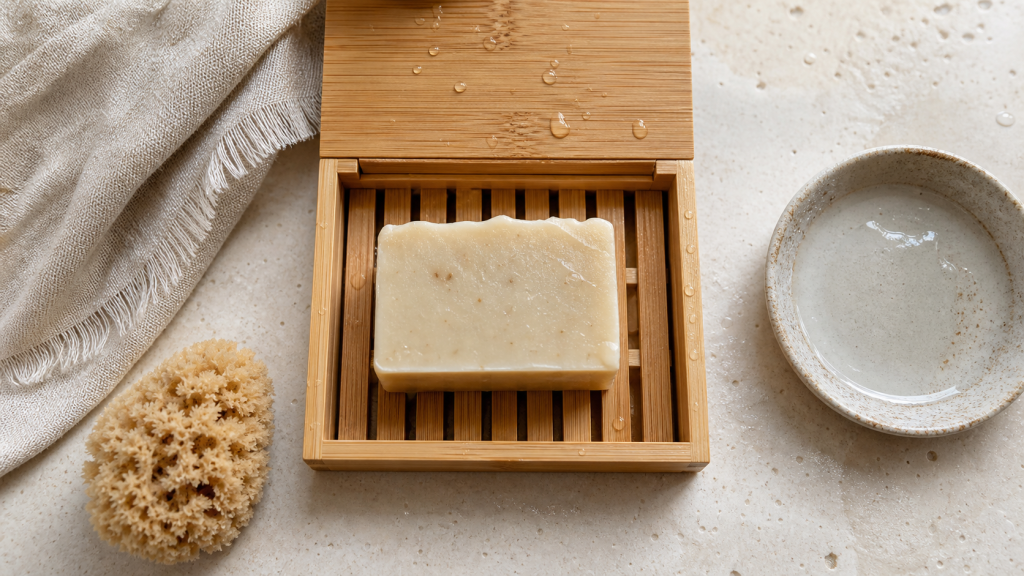 Porte savon bambou égouttoir sur plan de bain, savon solide
