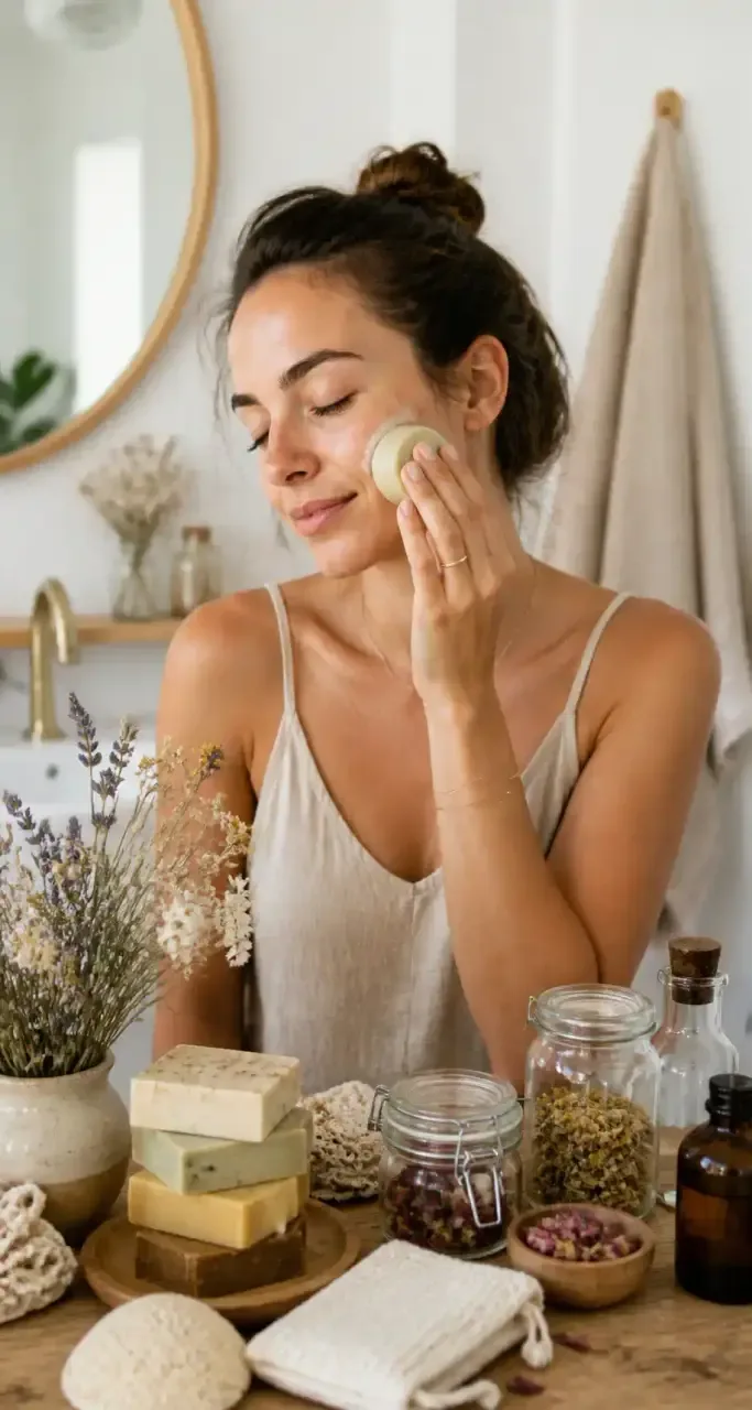 Rituel de beauté naturelle avec cosmétiques solides et accessoires zéro déchet