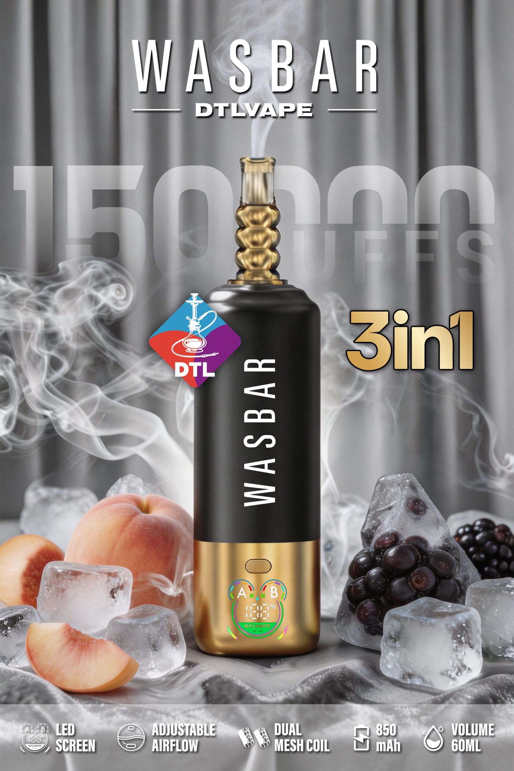 WASBAR DTL 150k Peach Ice/Blackcurrant Ice