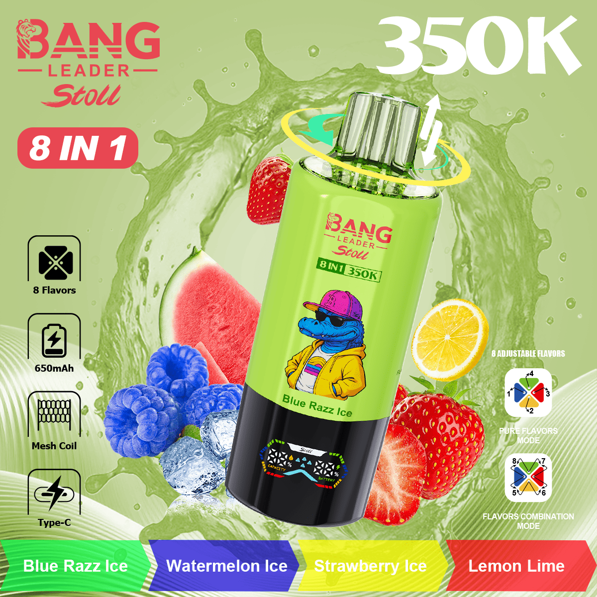 Bang Leader Stoll 350k Blue Razz Ice/Watermelon Ice/Strawberry Ice/Lemon Lime