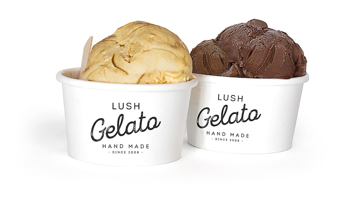 Creamy gelato in white cups at Lush Cafe, Centre City Auckland.